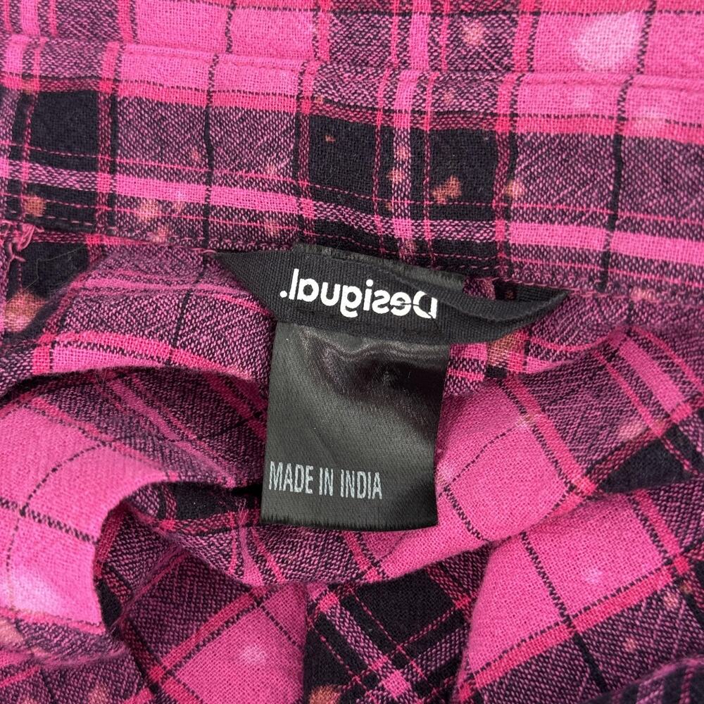 Desigual Shirt Womens Small Plaid Studded Flannel Graphic Patch Grunge Pink - Picture 3 of 14